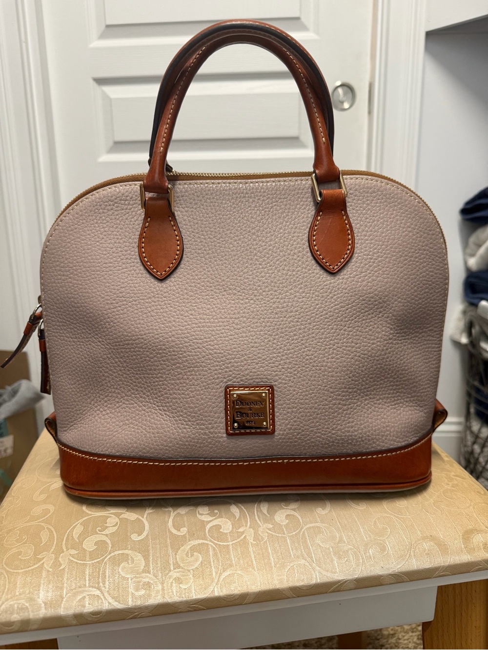 Dooney & Bourke Pebbled Satchel in Light Taupe and Brown Trim